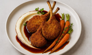 Crispy Lamb Cutlets with Cauliflower Purée, Roasted Baby Carrots and Red Wine Jus
