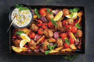 Greek Lamb Meatball Tray Bake