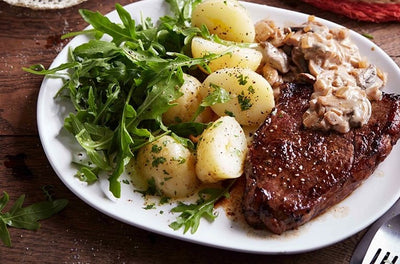 Rump Steak with Mushroom Sauce and Baby Potatoes