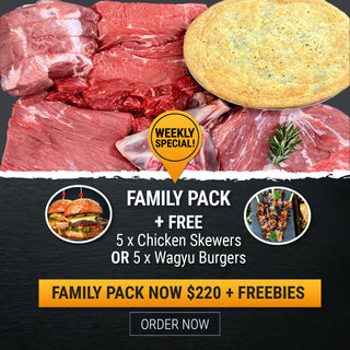 Family Pack + 5 Wagyu Burgers OR 5 Chicken Skewers for FREE